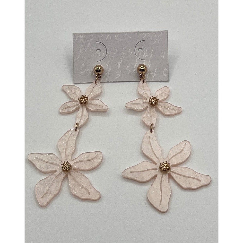Pink Resin Flower Drop Earrings Gold Tone Tiered Floral Dangle Statement Jewelry